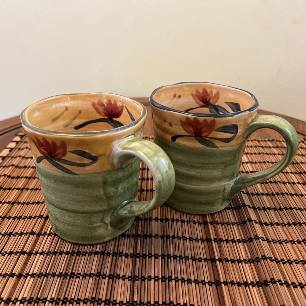 Two Pier 1 ELIZABETH Hand Painted Stoneware Coffee Mugs Green Swirl Flowers 16oz